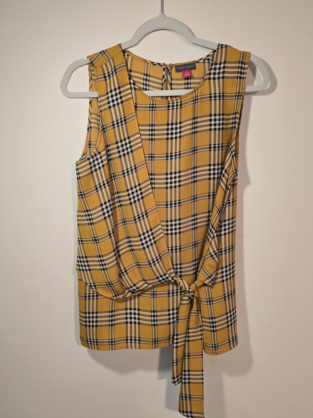 Vince Camuto Yellow Plaid Tie-Front Sleeveless Top